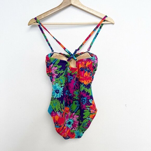 Garnet Hill Ruched Bandeau Floral One-Piece Swimsuit Slimming Sz 2 New - Picture 2 of 10